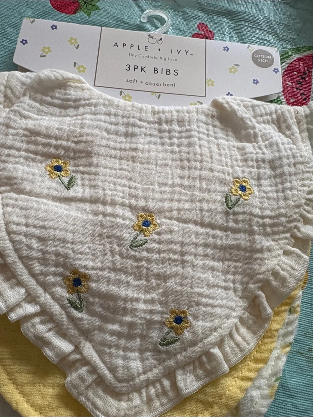 White Floral Embroidered Baby Bibs - 3 Pack